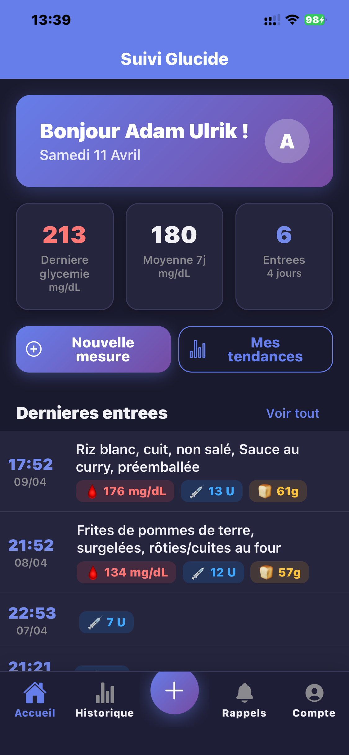 Tableau de bord Suivi Glucide avec dernière glycémie 213 mg/dL, moyenne 7 jours et dernières entrées