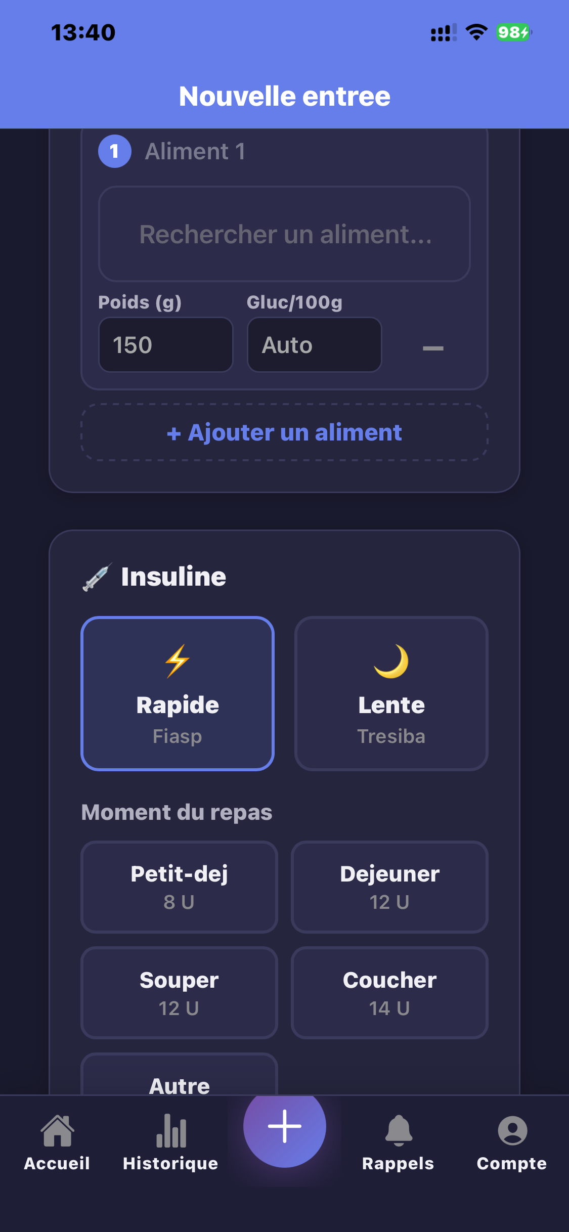 Sélection insuline rapide Fiasp ou lente Tresiba avec moments du repas pré-configurés
